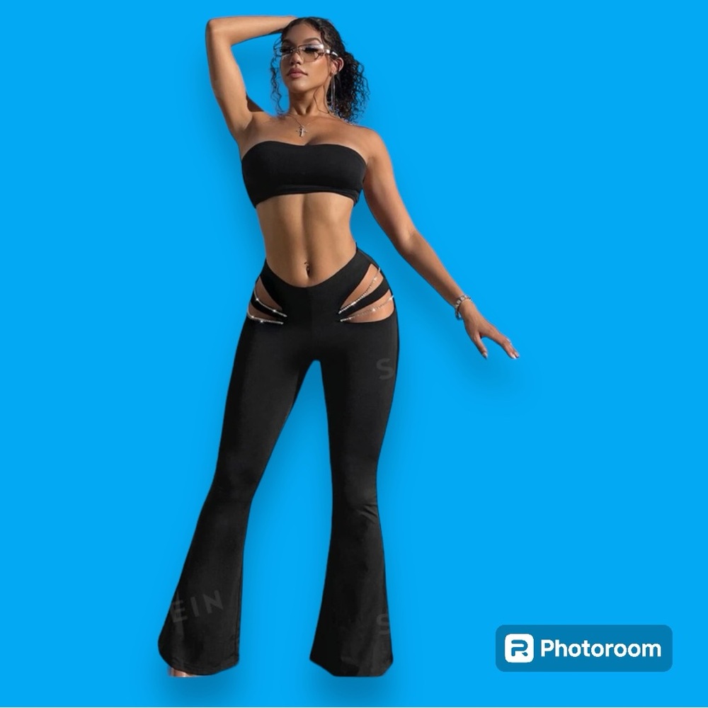 Shein | Cut Out Rhinestone Detail Flare Leg Pants | Small